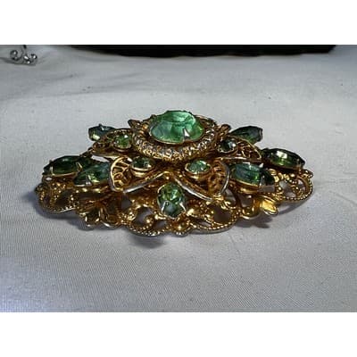 Peridot Green Filigree Brooch W German Design 1950s Vintage Jewelry MCM - Thumbnail 3