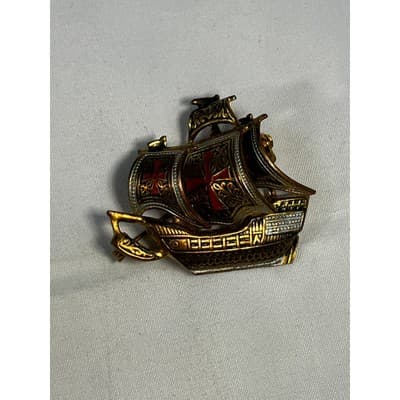 Vintage Spanish Damascene Pin Galleon Tall Ship Brooch Gold Enamel MCM Sailing - Thumbnail 6