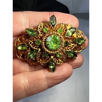Peridot Green Filigree Brooch W German Design 1950s Vintage Jewelry MCM - Thumbnail 22