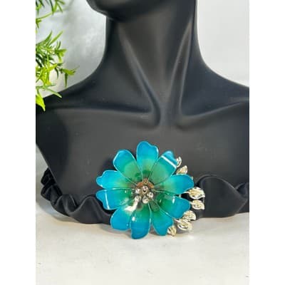 Vintage Coro Flower Brooch Teal Blue Enamel Rhinestone Leaves MCM Ornate RARE - Thumbnail 3