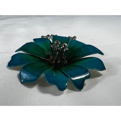 Vintage Coro Flower Brooch Teal Blue Enamel Rhinestone Leaves MCM Ornate RARE - Thumbnail 11
