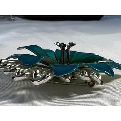 Vintage Coro Flower Brooch Teal Blue Enamel Rhinestone Leaves MCM Ornate RARE - Thumbnail 19