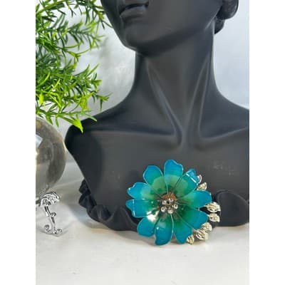 Vintage Coro Flower Brooch Teal Blue Enamel Rhinestone Leaves MCM Ornate RARE - Thumbnail 2