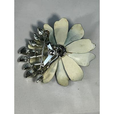 Vintage Coro Flower Brooch Teal Blue Enamel Rhinestone Leaves MCM Ornate RARE - Thumbnail 7