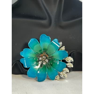 Vintage Coro Flower Brooch Teal Blue Enamel Rhinestone Leaves MCM Ornate RARE - Thumbnail 4