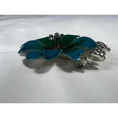 Vintage Coro Flower Brooch Teal Blue Enamel Rhinestone Leaves MCM Ornate RARE - Thumbnail 13
