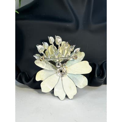 Vintage Coro Flower Brooch Teal Blue Enamel Rhinestone Leaves MCM Ornate RARE - Thumbnail 5