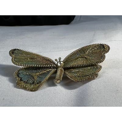 Vintage Wire Wrapped Butterfly Brooch Delicate Handmade Metallic Woven MCM - Thumbnail 8