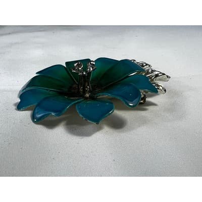 Vintage Coro Flower Brooch Teal Blue Enamel Rhinestone Leaves MCM Ornate RARE - Thumbnail 12