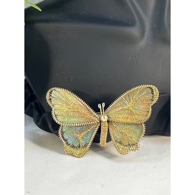 Vintage Wire Wrapped Butterfly Brooch Delicate Handmade Metallic Woven MCM - Thumbnail 14