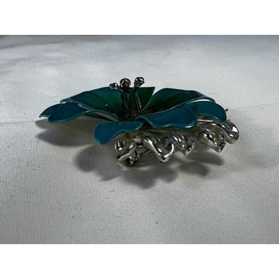 Vintage Coro Flower Brooch Teal Blue Enamel Rhinestone Leaves MCM Ornate RARE - Thumbnail 14