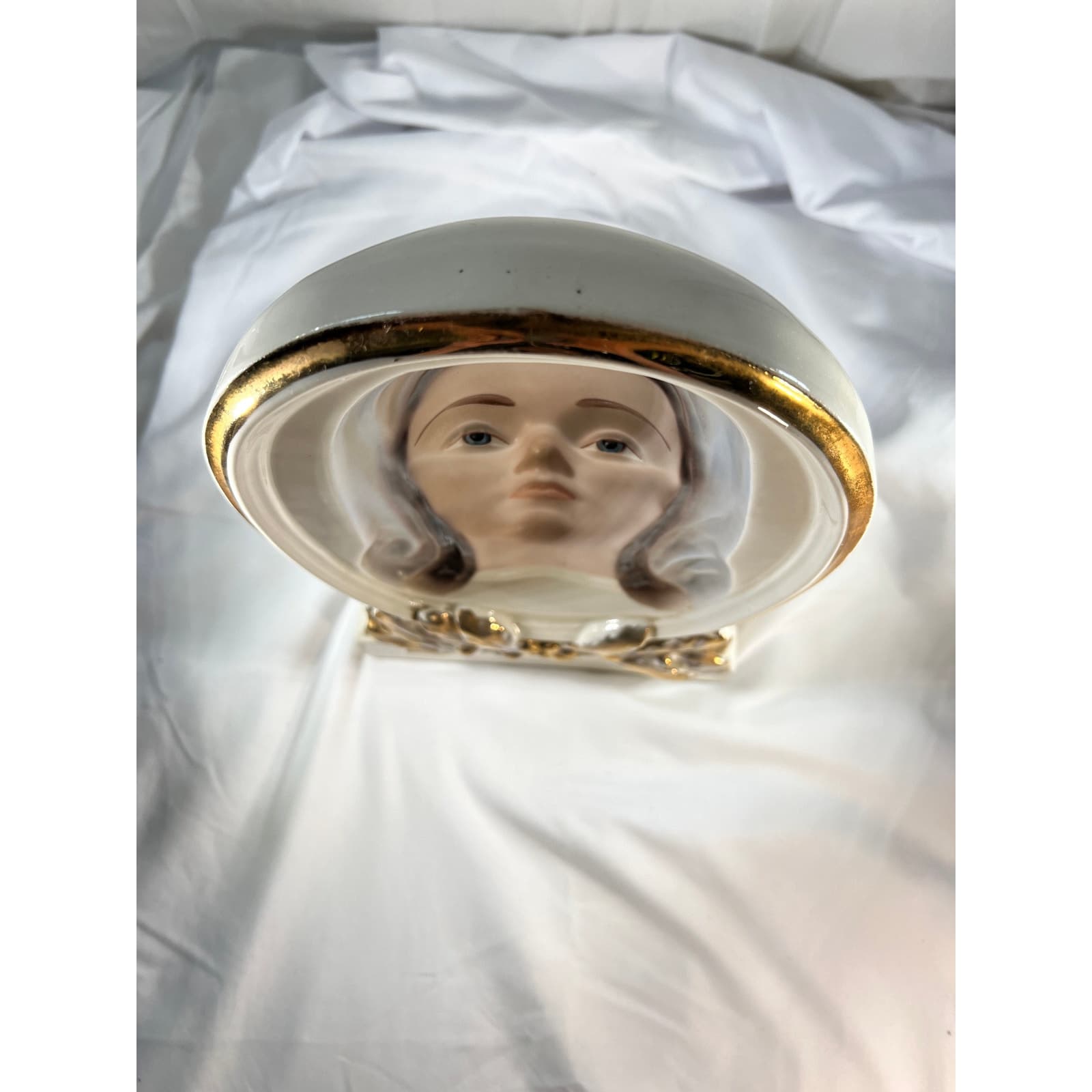 Gorgeous Virgin Mary Face Religious Concave Porcelain Statue Vintage Decor 7x12 - Thumbnail 11