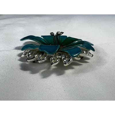 Vintage Coro Flower Brooch Teal Blue Enamel Rhinestone Leaves MCM Ornate RARE - Thumbnail 15