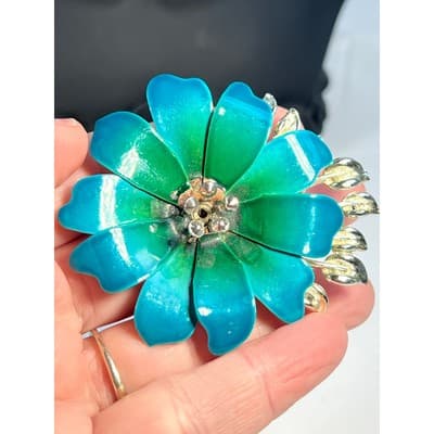 Vintage Coro Flower Brooch Teal Blue Enamel Rhinestone Leaves MCM Ornate RARE - Thumbnail 8