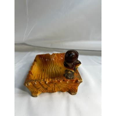 MCM Vintage Owl Eyes Ceramic Ashtray Trinket Tray Orange Glaze Dish 60/70s Retro - Thumbnail 3