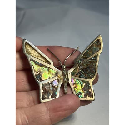 Vintage Mexican Silver Butterfly Brooch Abalone Shell Inlay Stained Glass Look - Thumbnail 5