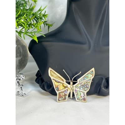 Vintage Mexican Silver Butterfly Brooch Abalone Shell Inlay Stained Glass Look - Thumbnail 4