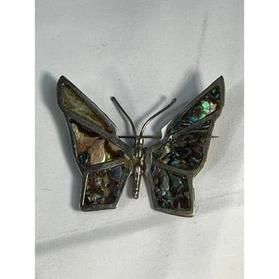 Vintage Mexican Silver Butterfly Brooch Abalone Shell Inlay Stained Glass Look - Thumbnail 8