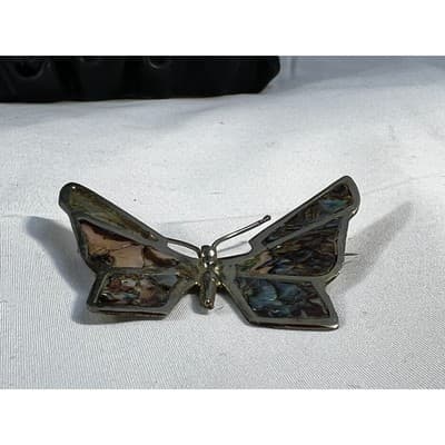 Vintage Mexican Silver Butterfly Brooch Abalone Shell Inlay Stained Glass Look - Thumbnail 15