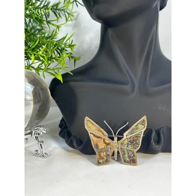 Vintage Mexican Silver Butterfly Brooch Abalone Shell Inlay Stained Glass Look - Thumbnail 3