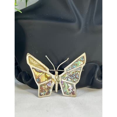 Vintage Mexican Silver Butterfly Brooch Abalone Shell Inlay Stained Glass Look - Thumbnail 6