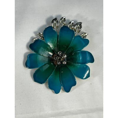 Vintage Coro Flower Brooch Teal Blue Enamel Rhinestone Leaves MCM Ornate RARE - Thumbnail 6