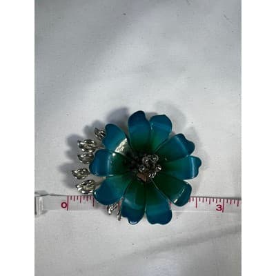Vintage Coro Flower Brooch Teal Blue Enamel Rhinestone Leaves MCM Ornate RARE - Thumbnail 10