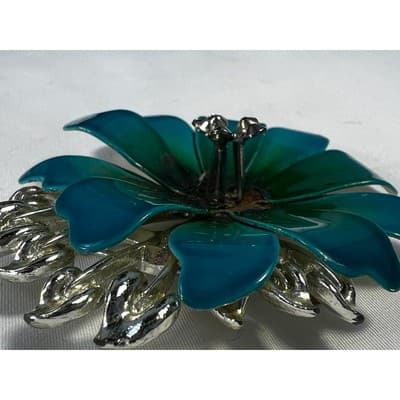 Vintage Coro Flower Brooch Teal Blue Enamel Rhinestone Leaves MCM Ornate RARE - Thumbnail 17