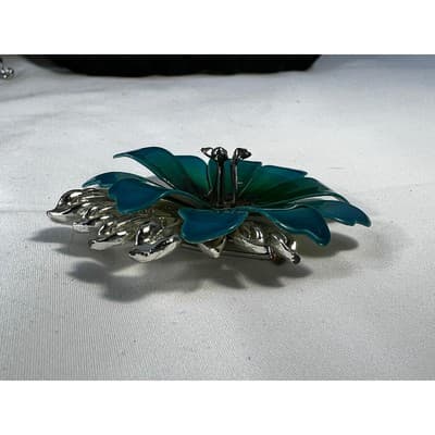 Vintage Coro Flower Brooch Teal Blue Enamel Rhinestone Leaves MCM Ornate RARE - Thumbnail 16
