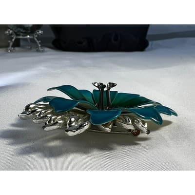 Vintage Coro Flower Brooch Teal Blue Enamel Rhinestone Leaves MCM Ornate RARE - Thumbnail 18