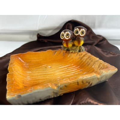 MCM Vintage Owl Eyes Ceramic Ashtray Trinket Tray Orange Glaze Dish 60/70s Retro - Thumbnail 4