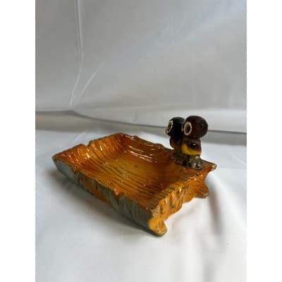 MCM Vintage Owl Eyes Ceramic Ashtray Trinket Tray Orange Glaze Dish 60/70s Retro - Thumbnail 2