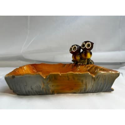 MCM Vintage Owl Eyes Ceramic Ashtray Trinket Tray Orange Glaze Dish 60/70s Retro - Thumbnail 9