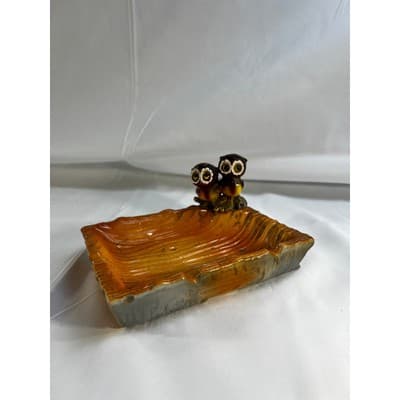 MCM Vintage Owl Eyes Ceramic Ashtray Trinket Tray Orange Glaze Dish 60/70s Retro - Thumbnail 8