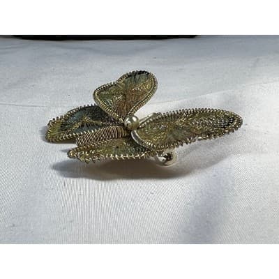 Vintage Wire Wrapped Butterfly Brooch Delicate Handmade Metallic Woven MCM - Thumbnail 9