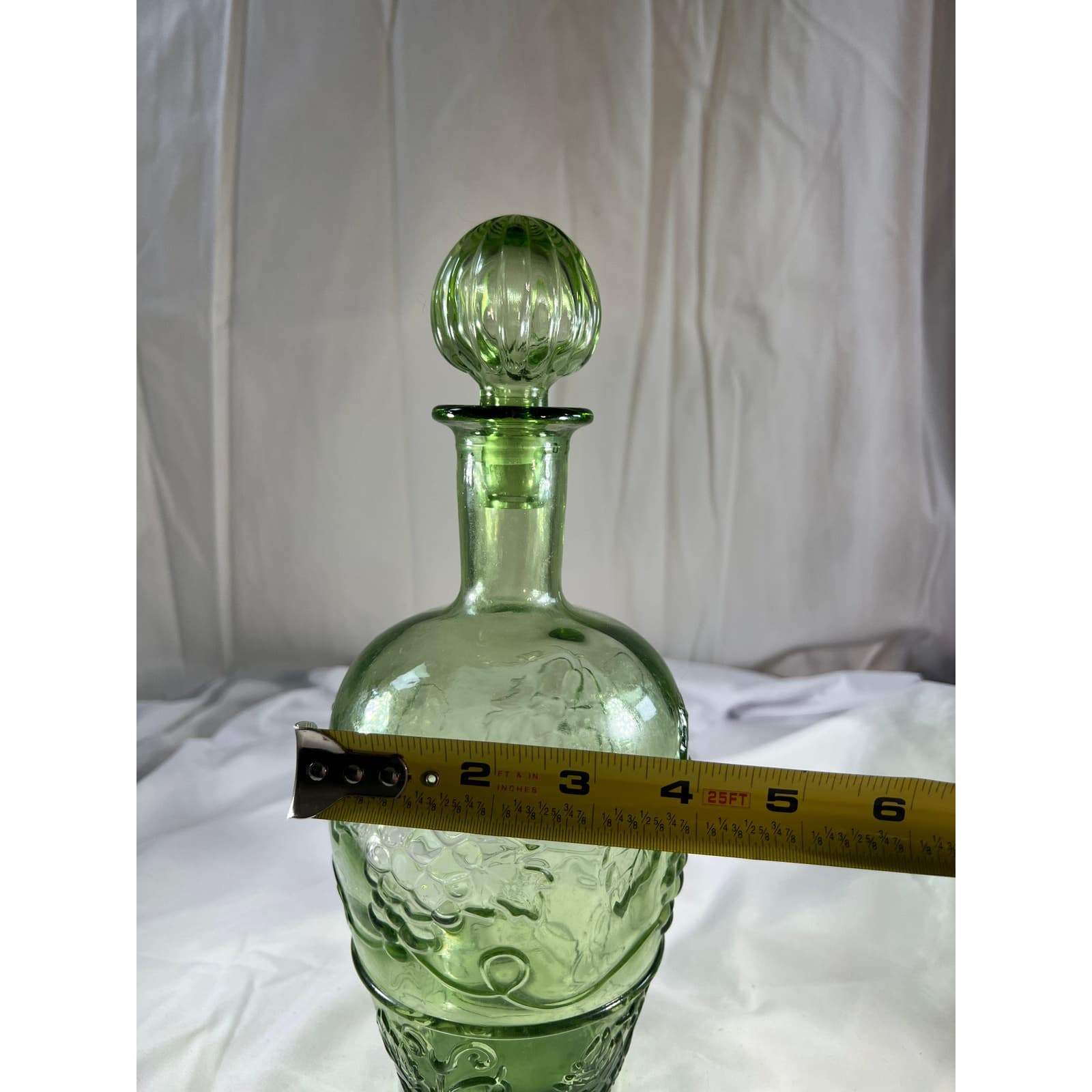 Light Green Glass Wine Bottle & Stopper MCM Vineyard Pattern Embossed Decanter - Thumbnail 17
