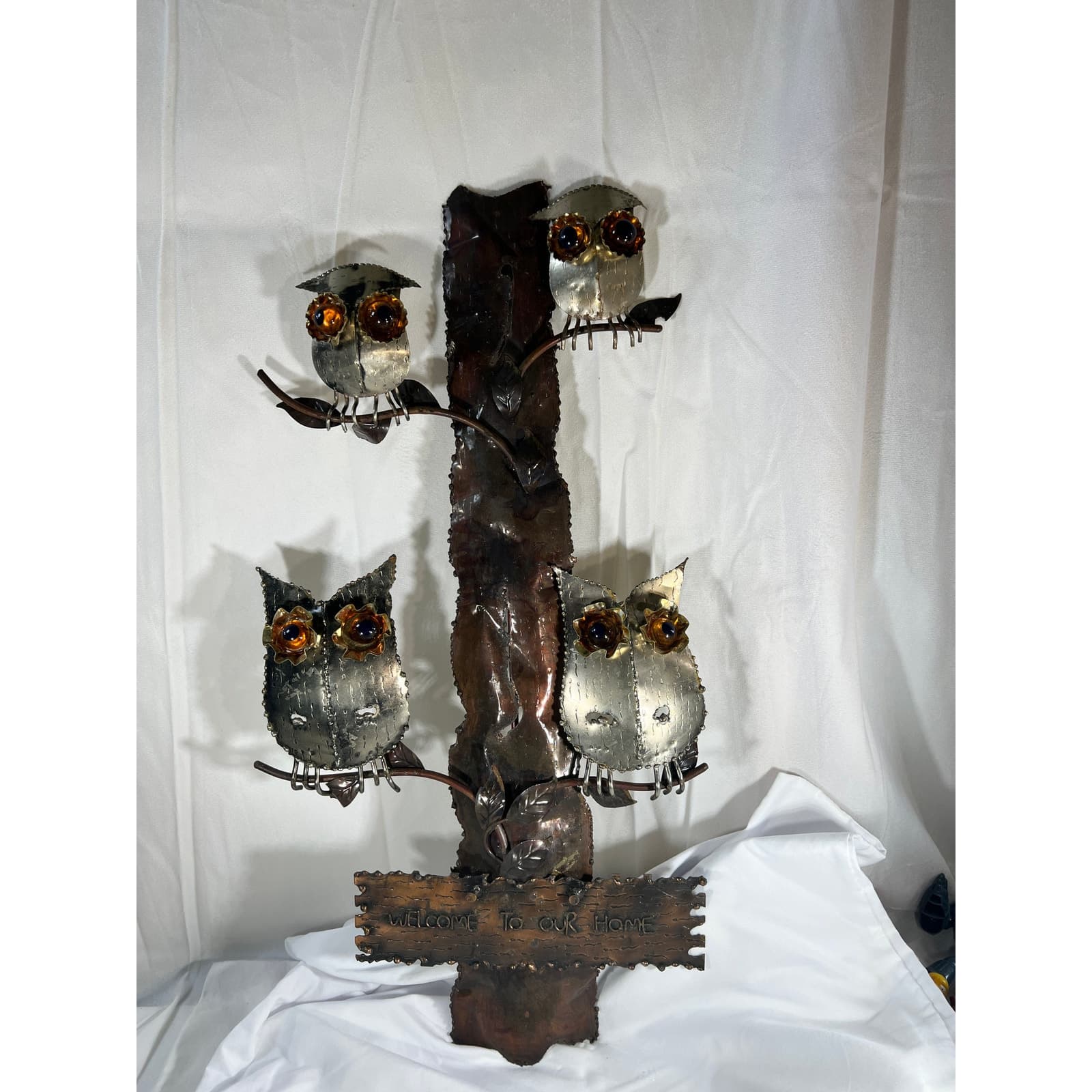 Metal Owl Wall Hanging Welcome To Our Home Vintage 70s 12"x24" Rustic Home Decor - Thumbnail 2