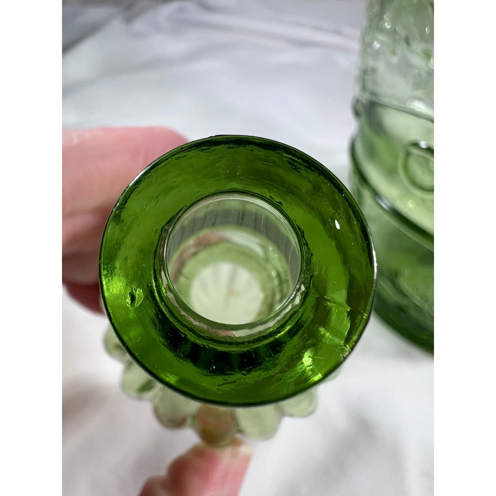 Light Green Glass Wine Bottle & Stopper MCM Vineyard Pattern Embossed Decanter - Thumbnail 12