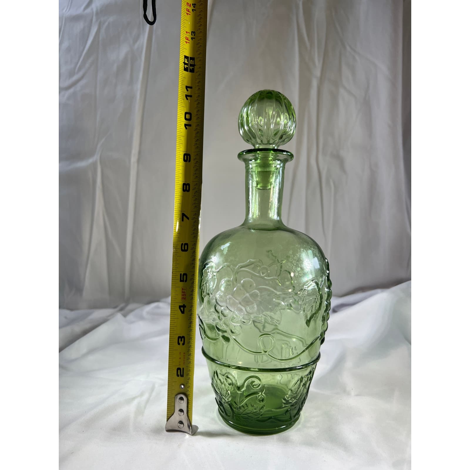 Light Green Glass Wine Bottle & Stopper MCM Vineyard Pattern Embossed Decanter - Thumbnail 16