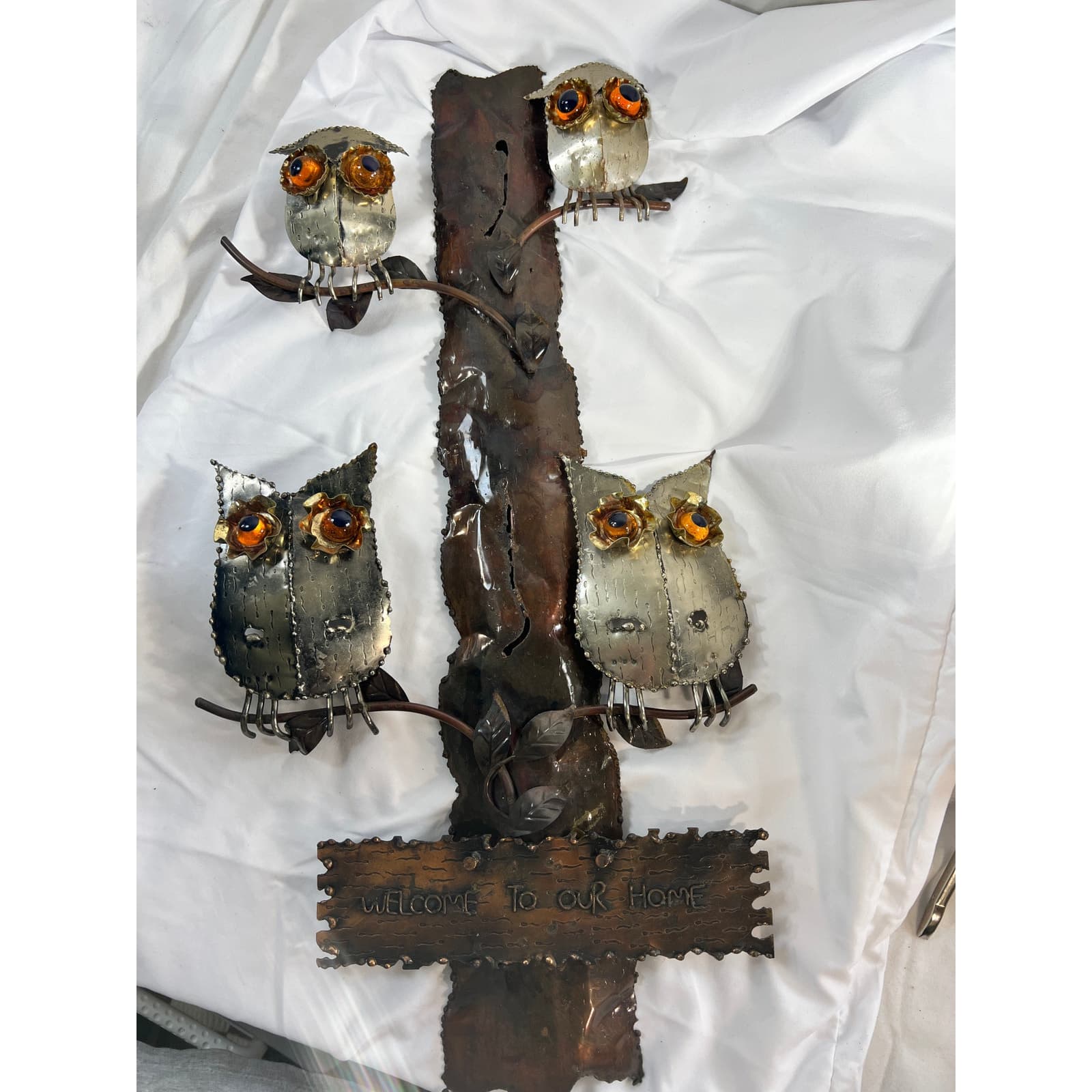 Metal Owl Wall Hanging Welcome To Our Home Vintage 70s 12"x24" Rustic Home Decor - Thumbnail 6