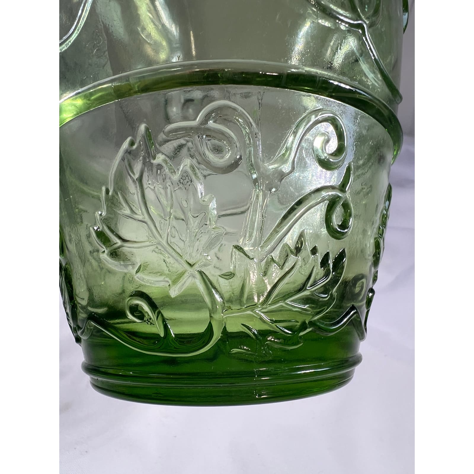 Light Green Glass Wine Bottle & Stopper MCM Vineyard Pattern Embossed Decanter - Thumbnail 15