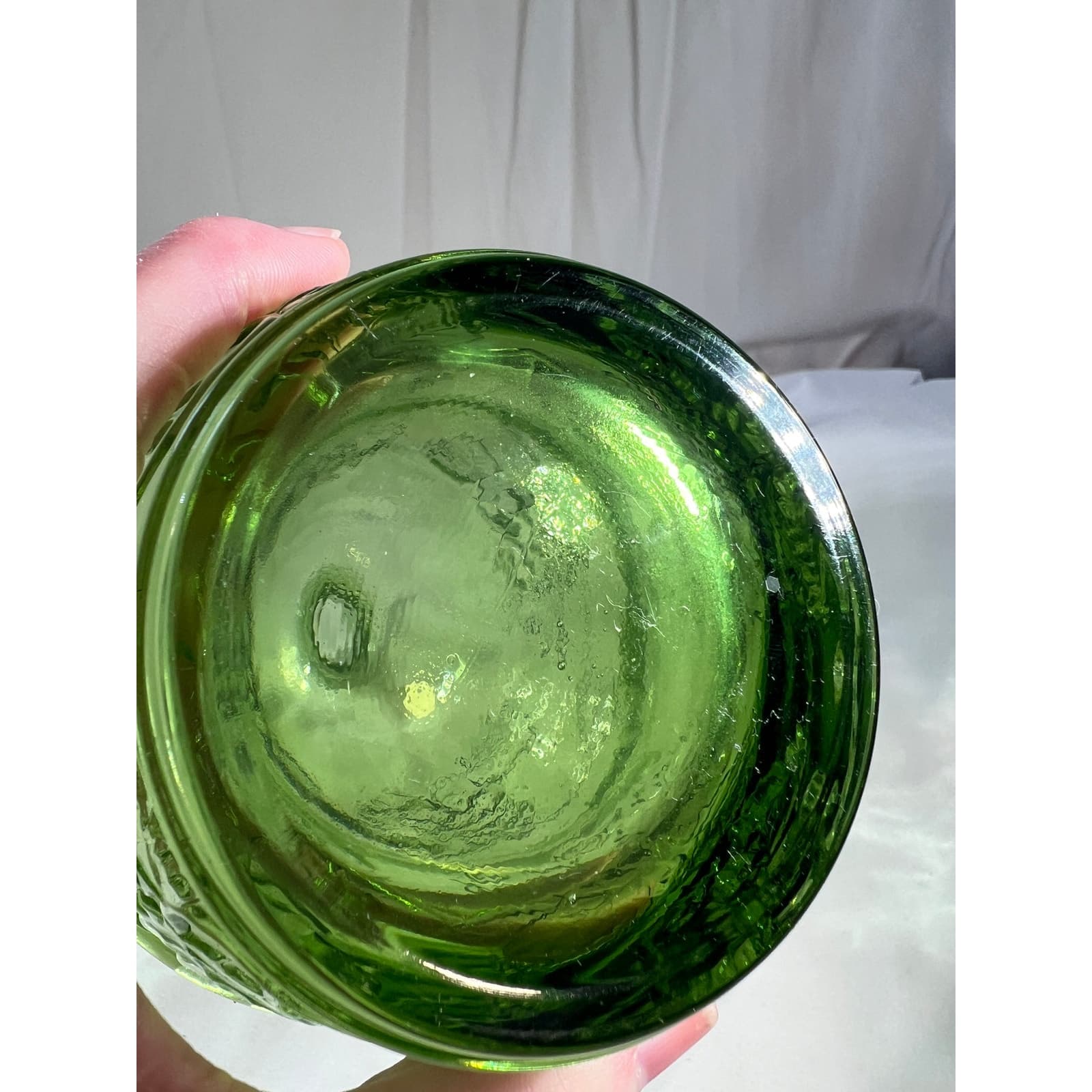 Light Green Glass Wine Bottle & Stopper MCM Vineyard Pattern Embossed Decanter - Thumbnail 11