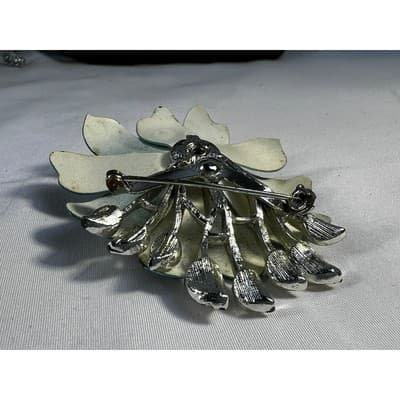 Vintage Coro Flower Brooch Teal Blue Enamel Rhinestone Leaves MCM Ornate RARE - Thumbnail 21