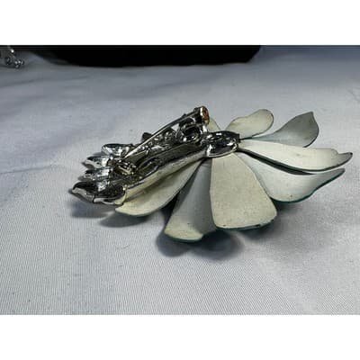 Vintage Coro Flower Brooch Teal Blue Enamel Rhinestone Leaves MCM Ornate RARE - Thumbnail 23