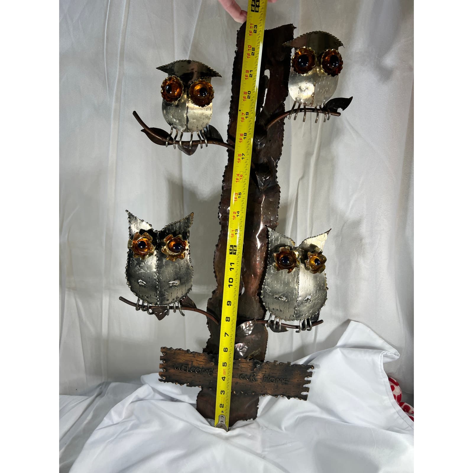 Metal Owl Wall Hanging Welcome To Our Home Vintage 70s 12"x24" Rustic Home Decor - Thumbnail 23