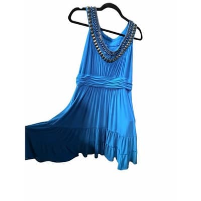 Jones New York Embellished Neckline Sleeveless Tiered Midi Dress Blue 12 - Thumbnail 5