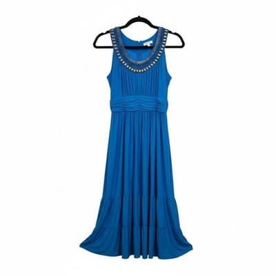 Jones New York Embellished Neckline Sleeveless Tiered Midi Dress Blue 12 - Thumbnail 11