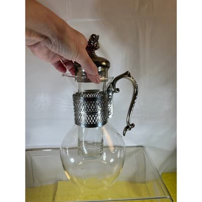 Vintage Corning Glass Carafe Ornate Silver-plated Handle Lid Chiller Stunning - Thumbnail 2