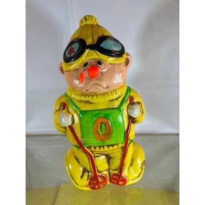 Rare Vintage Happy Sad Skier Ceramic Retro 60s 70s Figure Clown Bank - Thumbnail 4