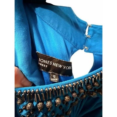 Jones New York Embellished Neckline Sleeveless Tiered Midi Dress Blue 12 - Thumbnail 2